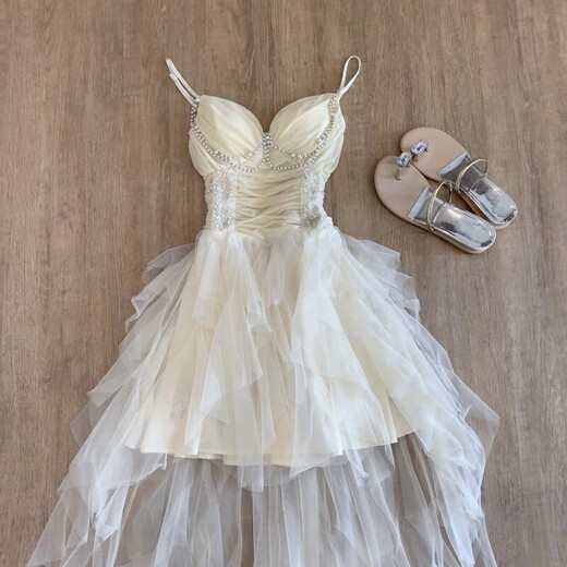 Vnxifm Light Luxury Heavy Industry Birthday Dress Princess White Mesh Suspender Pearl Chain Irregular Dress Long Dress Dress Beautiful Summer Little Skirt_First Love Dress for Little People_Big and Beautiful L