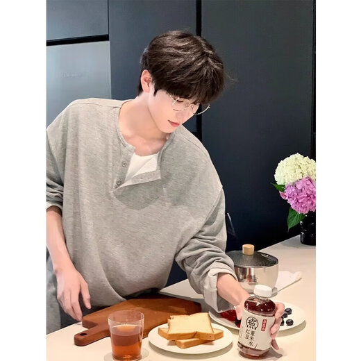 Fake two-piece Henry collar long-sleeved T-shirt men's 2025 autumn new inner layering shirt trendy brand top clothes YXSJ gray 2XL