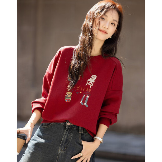 Demana 350G brushed air layer winter warm Korean style round neck embroidered long-sleeved loose sweatshirt women's top