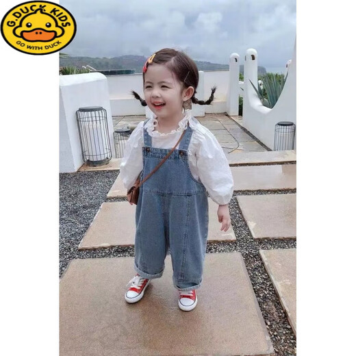 Детские комбинезоны G.duck, новинка 2024 года, весенне-осенние повседневные джинсы для девочек, детские свободные штаны, модные синие джинсовые комбинезоны в корейском стиле, 90 см