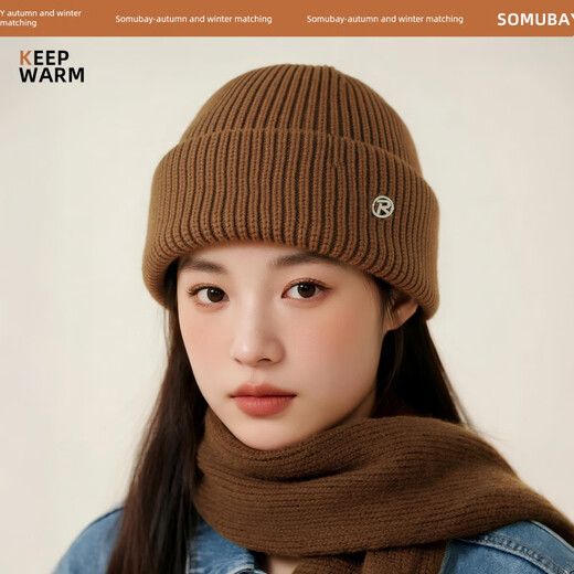 SOMUBAY (SOMUBAY) Brown Woolen Hat Women's Winter Warm Cold Hat Ear Protection Knitted Hat 2025 New Autumn and Winter Coldproof Baotou Hat Coffee Color One Size