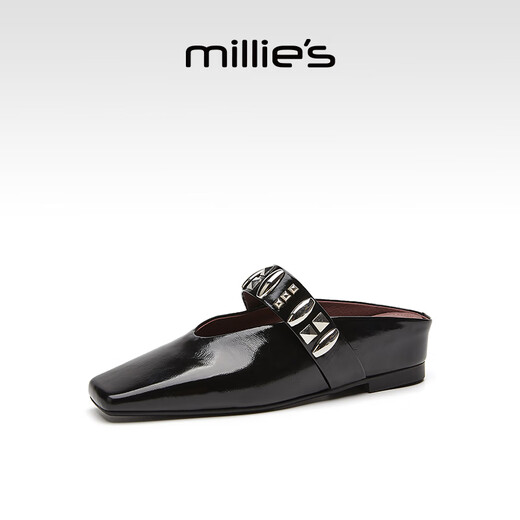 妙丽（Millies）高级感平底内增高包头半拖鞋女外穿真皮气质百搭凉拖女 黑色 38
