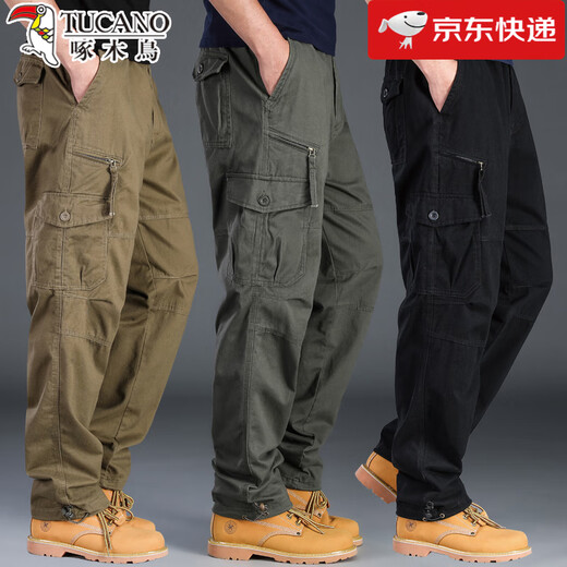 Woodpecker autumn and winter wear-resistant overalls men's cotton casual pants outdoor sports pants multi-pocket work pants labor protection trousers dark green pure cotton wear-resistant XL 150~170Jin Jin equals 0.5 kg