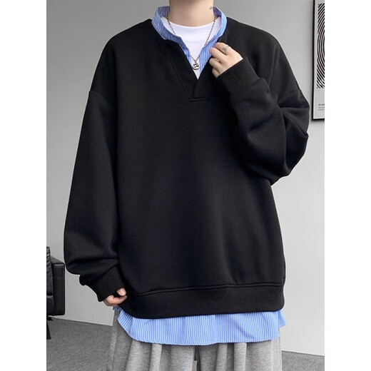 Quezhiyin autumn fake two-piece long-sleeved T-shirt for men 2025 new American fashion brand V-neck Henry collar bottoming shirt sweatshirt white L