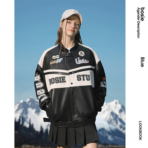 Bosie Boxi 2025 new autumn style letter contrast motorcycle pu leather jacket men's casual jacket jacket black and white M