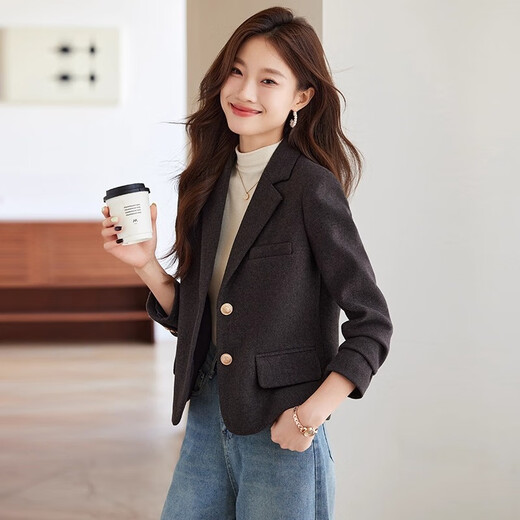 Punizi chaqueta de traje de lana corta color café para mujer 2025 otoño e invierno nuevo estilo pequeño traje de lana casual de alta gama traje de una sola pieza color café S