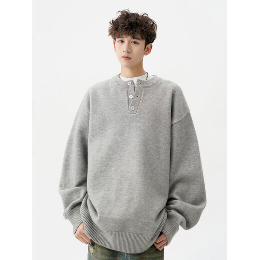 American Henry collar sweater for men in autumn and winter American retro casual lazy style solid color sweater for men light gray M