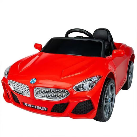 BMW four-wheel children's electric car for boys and girls aged 1-7 years old, which can be sat on and charged with remote control electric toy car, painted red, fully functional + leather seat + EVA tires + large battery