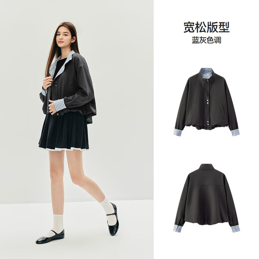 Semirjacke für Frauen Herbst Knospen Spleißen Plaid losen Standkragen 2025 Literarische Pendlerjacke 10A525108004