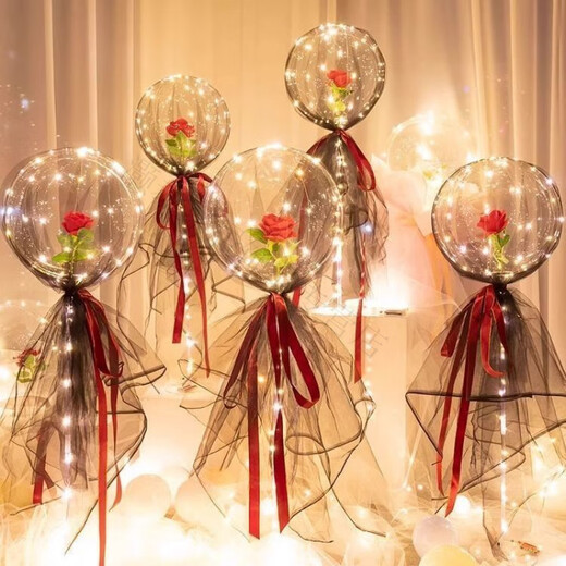 Magic Bean Shenghuo Chinese Valentine's Day internet celebrity rose balloon luminous balloon proposal indoor scene layout Bobo ball birthday confession romantic pink rose petals with gauze style 5 sets free pump + battery