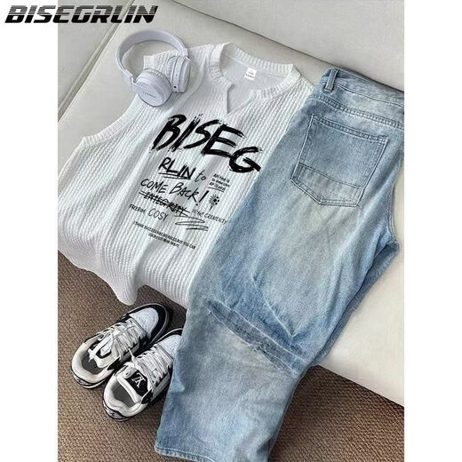Bisegrlin textura chaleco de chapa para hombres y mujeres verano estampado estampado casual transpirable camiseta sin mangas en blanco-k844 imagen negra l