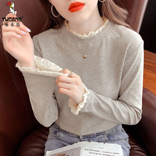 Woodpecker velvet thickened German velvet half turtleneck long-sleeved bottoming shirt for women autumn and winter new inner T-shirt lace warm top oatmeal color one-piece velvet 2XL 125-140Jin Jin equals 0.5 kg