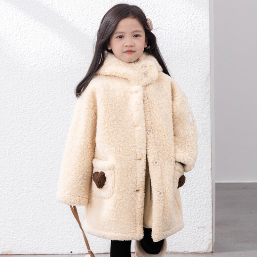 Tutu Little Elephant Girls' Thick Jacket Autumn and Winter Children's Warm All-in-One Velvet Coat Off-White 140 Height About 140cm