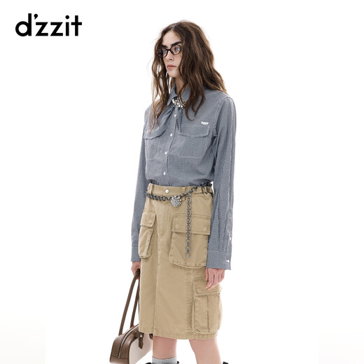 DZZIT Liu Haocun's same style Disu long-sleeved shirt 2025 winter new plaid tie top for women 3J4C4113T dark blue XS