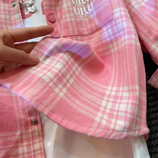 Girls' shirts autumn 2025 new style children's long-sleeved plaid shirts trendy brand jackets medium and large children's tops pink 140