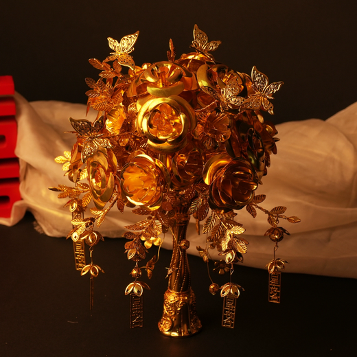 Flower wedding gifts bride wedding gifts Chinese style Xiuhe clothes accessories for best friend golden high-end imitation gold hand-held flowers Golden branch roses Finished product (made) + acrylic gift box