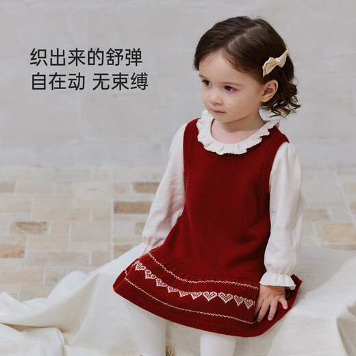 Babylove baby girl dress autumn and winter wool knitted New Year's greetings western style Christmas skirt starry sky rust red starry sky rust red 90