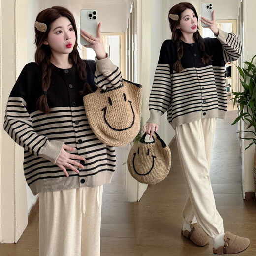 Jung-Mi maternity clothing spring and autumn clothing 2025 pregnant women autumn and winter fashion loose slimming age-reducing striped sweater cardigan apricot color-single-single top L