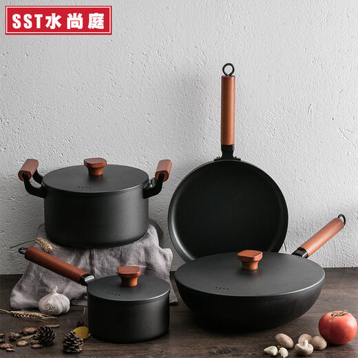 Wrought iron pot set, all-purpose combination three-piece set, household non-stick pan, gas stove, induction cooker wok set, coated three-piece set (suitable for 1-4 people)