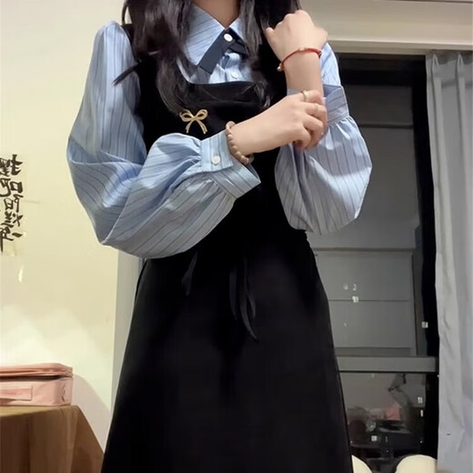 Lu Geli college style long-sleeved dress for women spring and autumn black outfit fake two-piece Korean style college style dress XL recommended 115-125 Jin Jin equals 0.5 kg