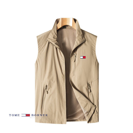 TOME BORNEK汤米男士春秋薄款立领马甲夹克背心户外钓鱼无袖坎肩高端外套潮 蓝色HKTM-686 加绒 L 建议体重120-140斤