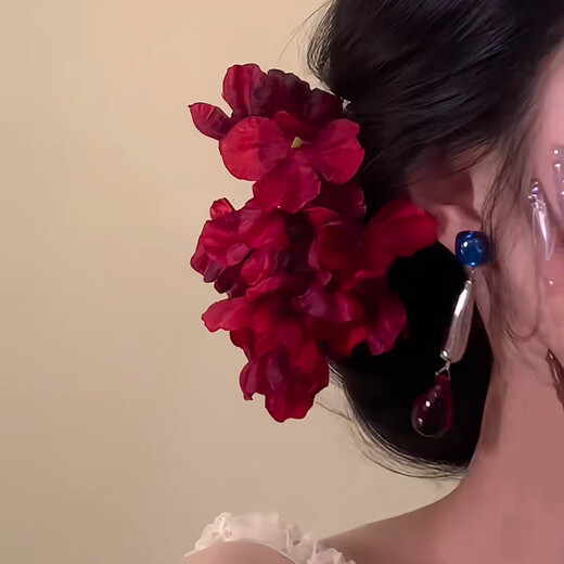 Mengdong Super Fairy Atmosphere Rose Flower Hairpin Women's Hanfu Accessories Red Hairpin Flower Headband Hair Accessories 2025 New Style Red Flower Hairpin * 1 piece Overall about 12*10cm - hairpin about 6cm long