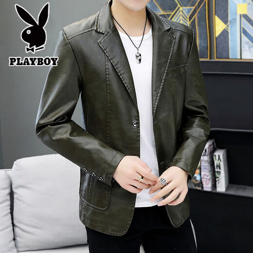 Мужской костюм и кожаная куртка Playboy (PLAYBOY) Весна и осень Модная мужская куртка в корейском стиле большого размера Красивая одежда Haining из искусственной кожи SL 937 Темно-зеленый Весна и осень Без бархата XL От 130 до 145 Джин Джин равен 0,5 кг