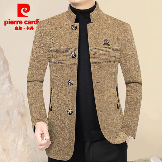 Pierre Cardin Wolljacke Herren Herbst und Winter mittleren Geschäftsstandkragen Jacke Männer Casual Trendy Plush Jacket Daddy Anzug Dunkelgrau L (120-140jin [Jin gleich 0,5 kg])