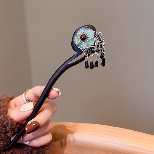 Pei Nanwei's temperament flower ebony hairpin for women, ancient style and high-end tassel hairpin, new Chinese style hairpin, Hanfu headdress, small flower tassel - 1 piece of sandalwood hairpin
