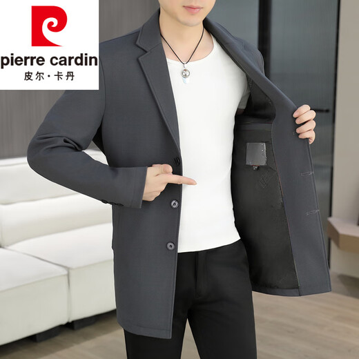 皮尔卡丹（pierre cardin）春秋季中长款风衣男士潮牌感韩版修身纯色西装外套男休闲西服针织 灰色 L 110-125斤