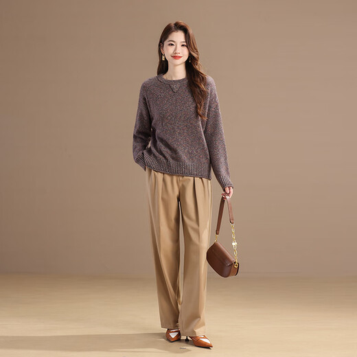 Qianbainian yak velvet simple round neck loose wool sweater for women autumn and winter new fluffy rabbit fur soft warm top gray coffee F