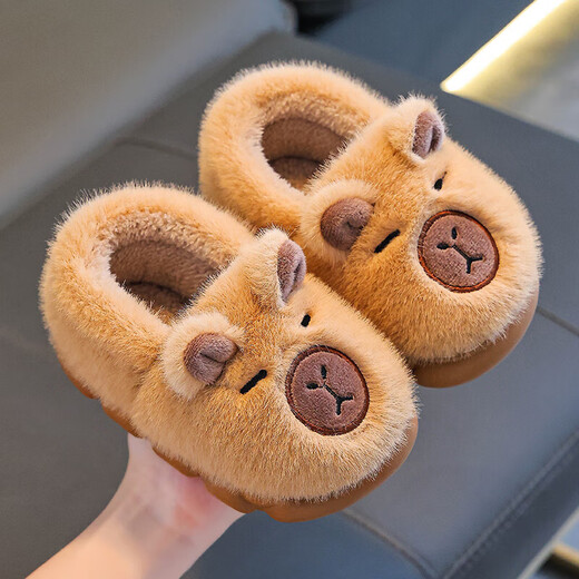 Kapibara children's cotton slippers, girls' winter cartoon cute non-slip soft-soled slippers, baby slippers, upgraded environmentally friendly material, light coffee (heel included) 12, 32/33 size (shoe inner length 19CM, suitable for feet 18
