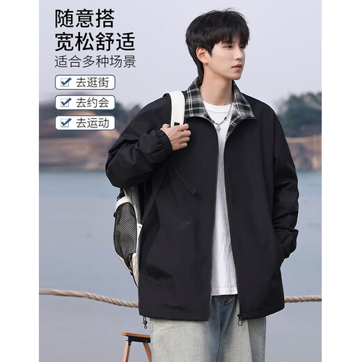 Cotton jacket men's autumn and winter lapel plaid jacket men's trendy Hong Kong style casual workwear top men black L