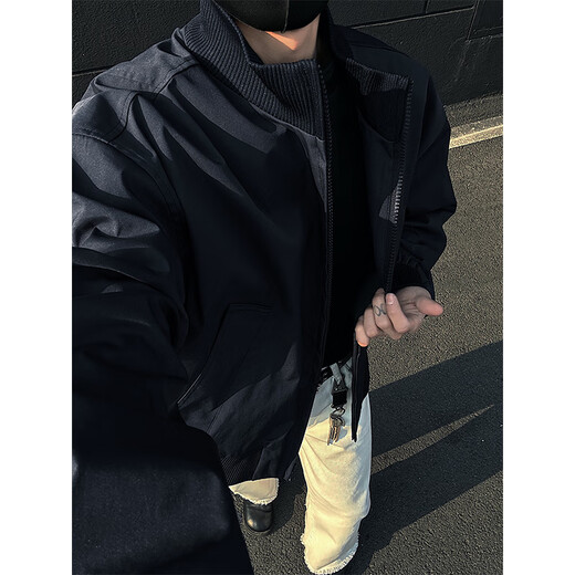 IZEXX American flight jacket men's autumn and winter Japanese stand collar workwear short baseball uniform jacket JZ52 black 4XL