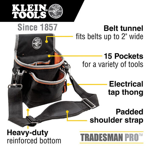 Klein Tools 5240 Tradesman Pro Tool Bag 9 Pockets Tunnel Loop 15 Pockets One Size Fits All