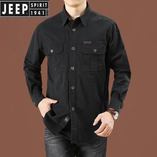 JEEP SPIRIT Jeep Men's Pure Cotton Long-Sleeved Shirt Spring and Autumn New Outdoor Workwear Casual Double Pocket Loose Large Size Shirt Military Green 1388 2XL
