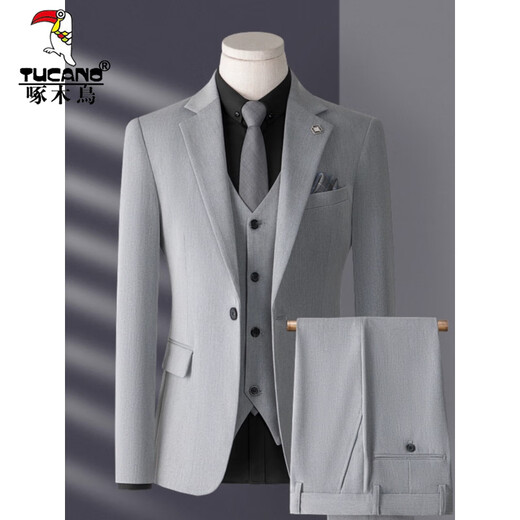 Woodpecker (TUCANO) suit men's three-piece Korean style slim business casual suit groom's wedding dress light gray top + pants + vest shirt collar S