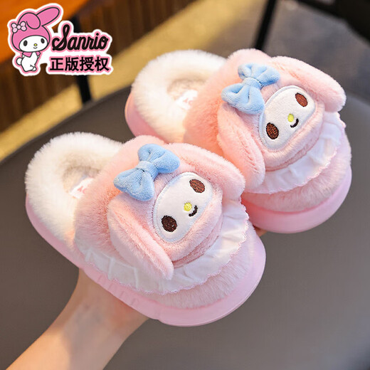 2025 new Sanrio winter girls' cotton slippers, warm and velvet Kuromi parent-child home children's cotton slippers, upgraded version of environmentally friendly material pink Melody slippers, size 12 24/25 (shoe inner length 15CM, suitable for feet 14