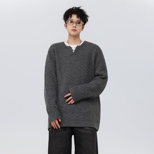 American retro twist design sweater for men and women, lazy henley collar loose pullover sweater for men and women, gray thick XL