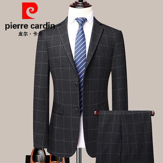 Pierre Cardin Wool Suit Men's Autumn and Winter New Business Casual High-end Suit Two-piece Set No-Iron Middle-aged Suit 2391 Black Vertical Strips 2XL (185) - Recommended weight 165-175 Jin Jin equals 0.5 kg