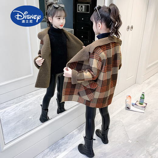 Disney (Disney) Girls Autumn and Winter Woolen Jacket 2025 New Children's Clothing Western Style Mid-Length Medium and Large Children's Tartan Coat Orange Velvet Thickening 130 cm