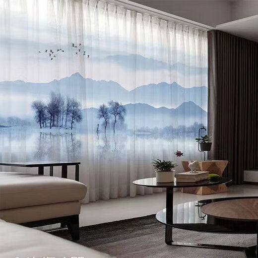 Jiu pattern leopard modern new Chinese style ink landscape painting landscape living room study high-end bedroom curtain Zen gauze curtain finished product Zen lotus punched type 4.5 meters wide and 2.7 height one piece