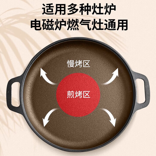 Jingxi baking pan cast iron barbecue household cast iron gas grill pan outdoor cassette stove iron plate barbecue meat pot non-stick 28cm thickened baking pan comes with anti-scalding hemp rope suitable for 2-3 people