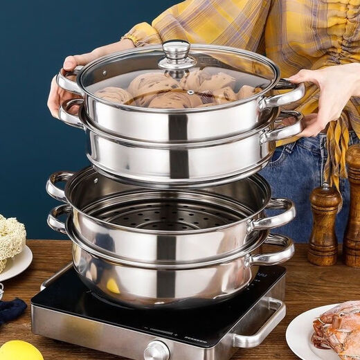 Hua Muxi thickened stainless steel steamer steamed buns soup pot hot pot two-layer three-layer multi-layer steamer induction cooker gas stove pot extra thick and deepened 34cm five layers 1 pot + 4 steamers free steaming cloth scouring pad