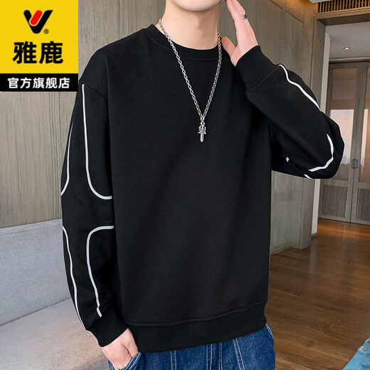 Yalu sweatshirt men's autumn and winter long-sleeved T-shirt loose round neck trendy brand plus velvet thickened large size bottoming shirt warm top DB601 black spring and autumn style XL recommended 140-160Jin Jin equals 0.5 kg