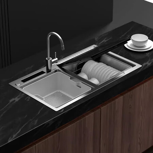 Dishwasher for 8-10 people, large capacity, double spray, small household smart fully automatic desktop embedded hot air drying, active oxygen sterilization and disinfection S3 left machine and right sink with ultrasonic