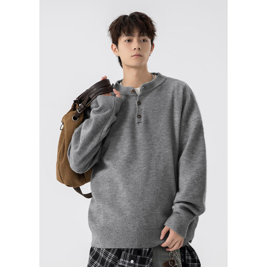 Yilunhe American Henry collar sweater men's autumn and winter trendy brand cleanfit old money style sweater loose lazy style jacket dark gray M