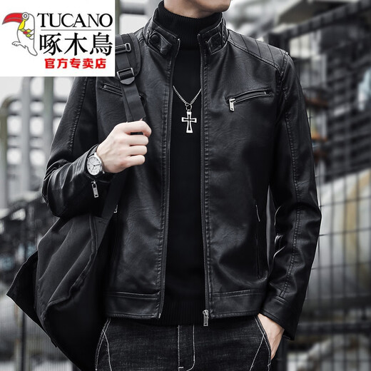 啄木鸟（TUCANO）加绒真好皮皮衣男士立领海宁潮牌帅气休闲秋冬款机车皮夹克外套防 黑色机车皮衣 加绒 2XL 145-160斤