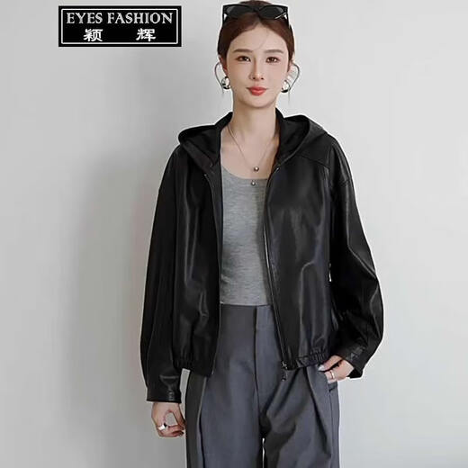 Yinghui Genuine Leather Jacket Women Haining Sheepskin Short Hooded Jacket Spring and Autumn New Vegetable Tanned Leather Casual Large Size Top Women Black XL