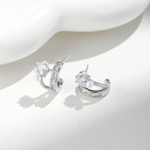 Kafna's exquisite double-layer pentagonal star zircon pearl earrings fashionable temperament earrings 925 silver needle earrings light luxury E16852C